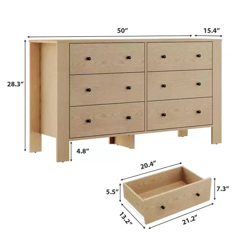 Wide 6 Drawer Dresser for Bedroom Modern Wooden Chest with Deep Storage Drawers, Metal Knobs