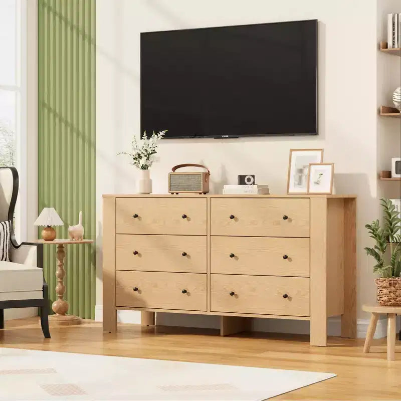 Wide 6 Drawer Dresser for Bedroom Modern Wooden Chest with Deep Storage Drawers, Metal Knobs