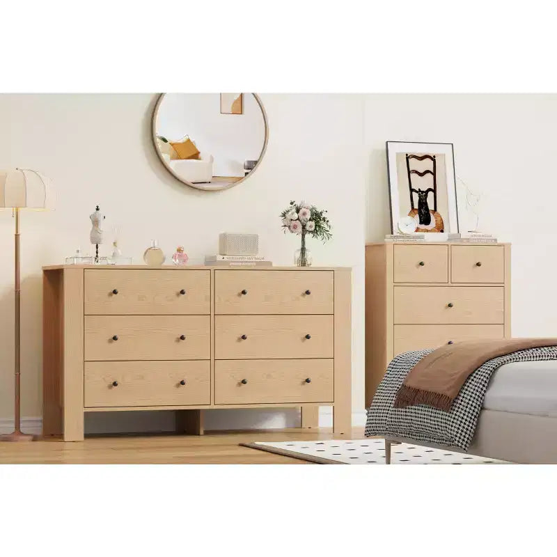 Wide 6 Drawer Dresser for Bedroom Modern Wooden Chest with Deep Storage Drawers, Metal Knobs