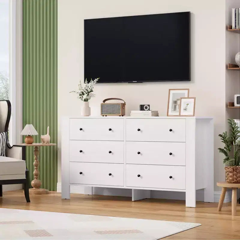 Wide 6 Drawer Dresser for Bedroom Modern Wooden Chest with Deep Storage Drawers, Metal Knobs