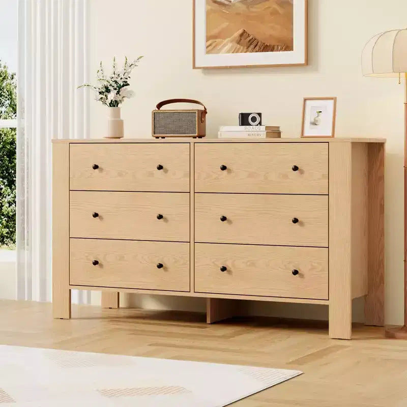 Wide 6 Drawer Dresser for Bedroom Modern Wooden Chest with Deep Storage Drawers, Metal Knobs