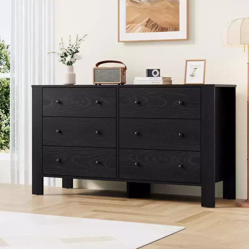 Wide 6 Drawer Dresser for Bedroom Modern Wooden Chest with Deep Storage Drawers, Metal Knobs