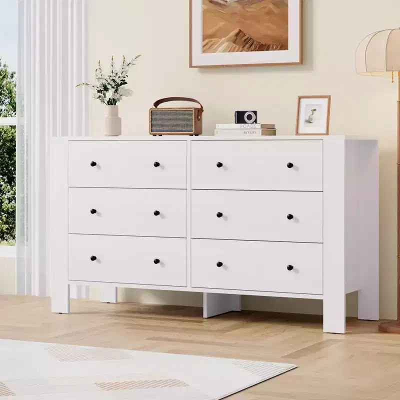 Wide 6 Drawer Dresser for Bedroom Modern Wooden Chest with Deep Storage Drawers, Metal Knobs