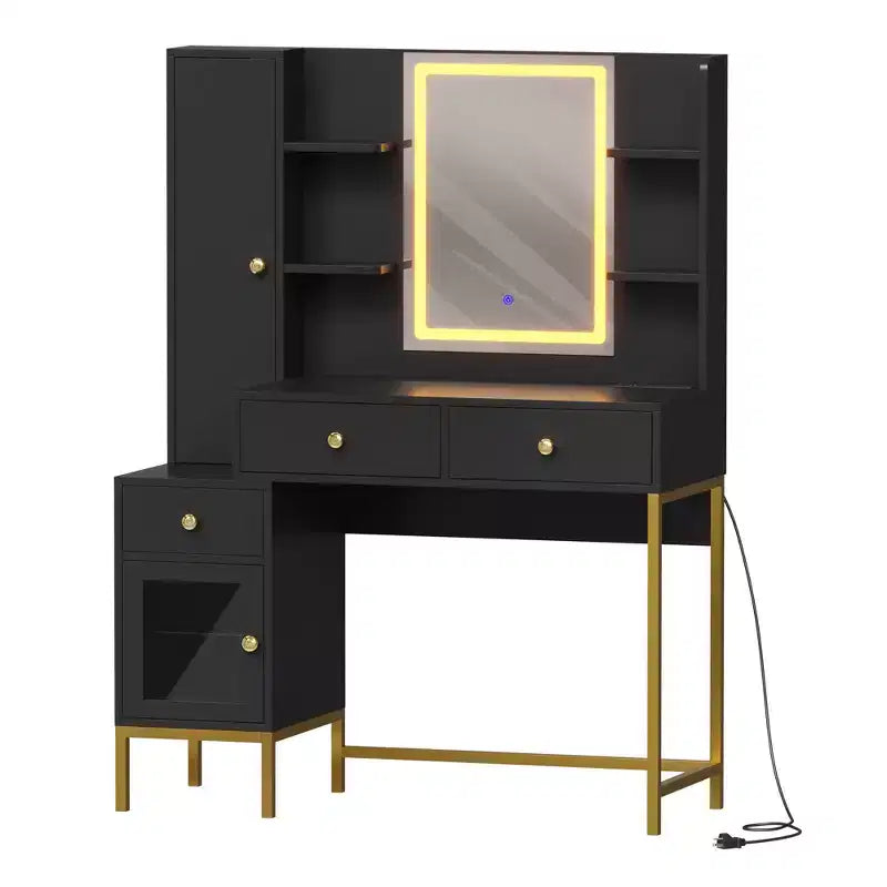 Makeup Vanity Desk with 3-Color LED Mirror & Power Outlet, Dressing Table with 3 Drawers, 6 Open Shelves & 2 Cabinets, for Bedroom, Black
