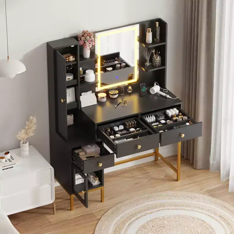 Makeup Vanity Desk with 3-Color LED Mirror & Power Outlet, Dressing Table with 3 Drawers, 6 Open Shelves & 2 Cabinets, for Bedroom, Black