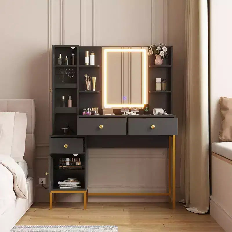 Makeup Vanity Desk with 3-Color LED Mirror & Power Outlet, Dressing Table with 3 Drawers, 6 Open Shelves & 2 Cabinets, for Bedroom, Black