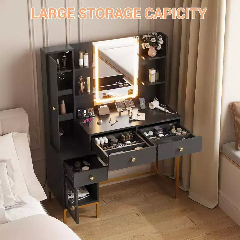 Makeup Vanity Desk with 3-Color LED Mirror & Power Outlet, Dressing Table with 3 Drawers, 6 Open Shelves & 2 Cabinets, for Bedroom, Black