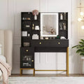Makeup Vanity Desk with 3-Color LED Mirror & Power Outlet, Dressing Table with 3 Drawers, 6 Open Shelves & 2 Cabinets, for Bedroom, Black