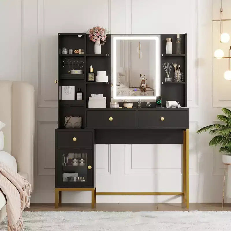 Makeup Vanity Desk with 3-Color LED Mirror & Power Outlet, Dressing Table with 3 Drawers, 6 Open Shelves & 2 Cabinets, for Bedroom, Black