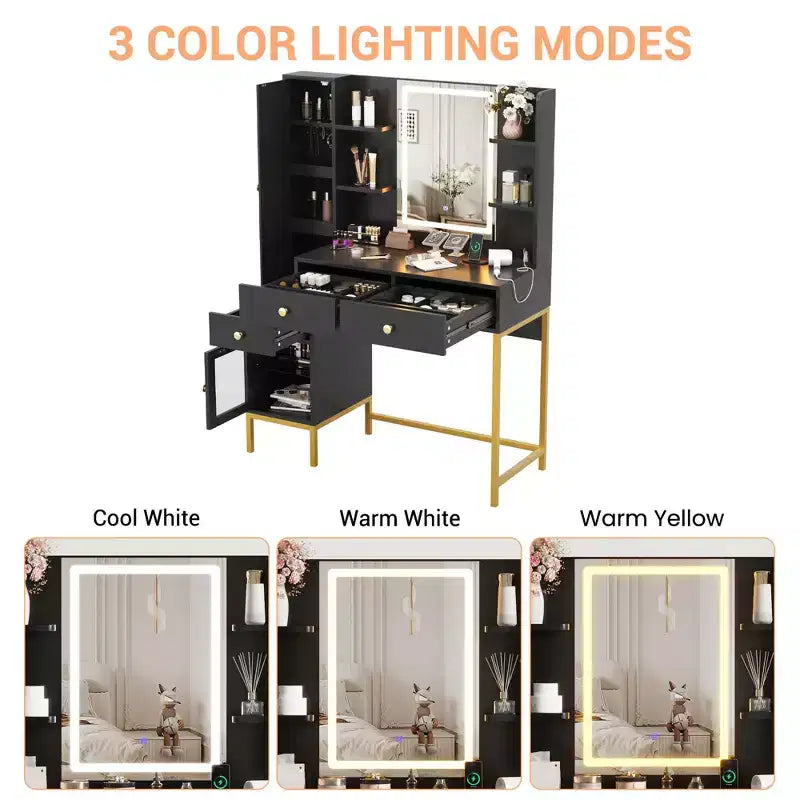 Makeup Vanity Desk with 3-Color LED Mirror & Power Outlet, Dressing Table with 3 Drawers, 6 Open Shelves & 2 Cabinets, for Bedroom, Black