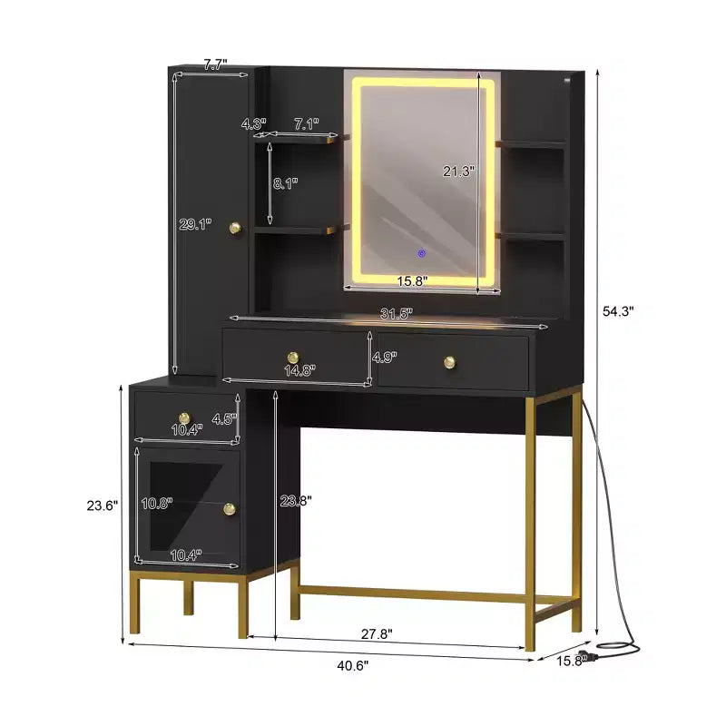 Makeup Vanity Desk with 3-Color LED Mirror & Power Outlet, Dressing Table with 3 Drawers, 6 Open Shelves & 2 Cabinets, for Bedroom, Black