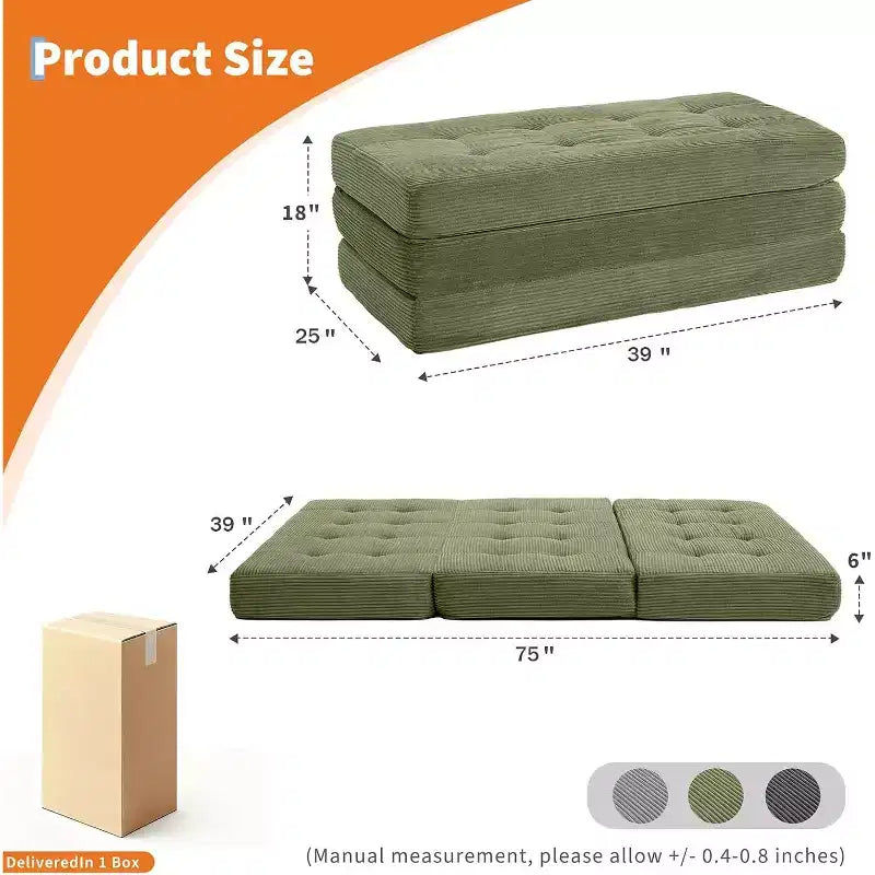 Tri-Fold Mattress, Memory Foam Foldable Mattress, Foldable Floor Sofa Bed with High-Density Support Foam, Single Folding Mattress for Living Room