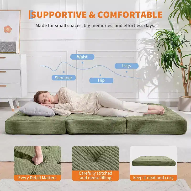 Tri-Fold Mattress, Memory Foam Foldable Mattress, Foldable Floor Sofa Bed with High-Density Support Foam, Single Folding Mattress for Living Room