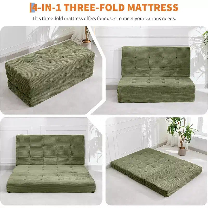 Tri-Fold Mattress, Memory Foam Foldable Mattress, Foldable Floor Sofa Bed with High-Density Support Foam, Single Folding Mattress for Living Room