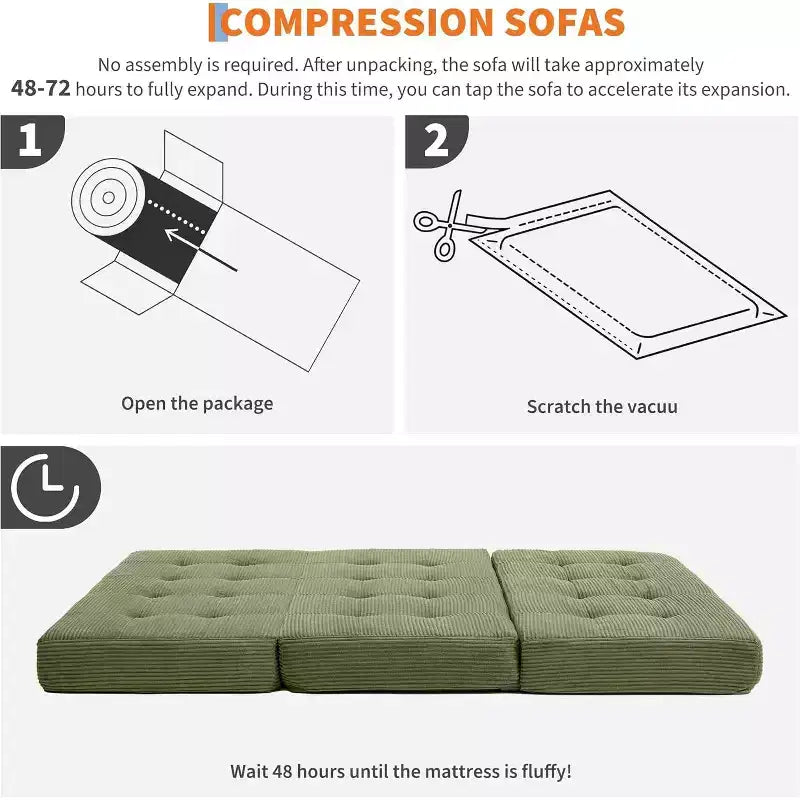 Tri-Fold Mattress, Memory Foam Foldable Mattress, Foldable Floor Sofa Bed with High-Density Support Foam, Single Folding Mattress for Living Room