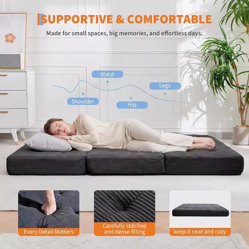 Tri-Fold Mattress, Memory Foam Foldable Mattress, Foldable Floor Sofa Bed with High-Density Support Foam, Single Folding Mattress for Living Room