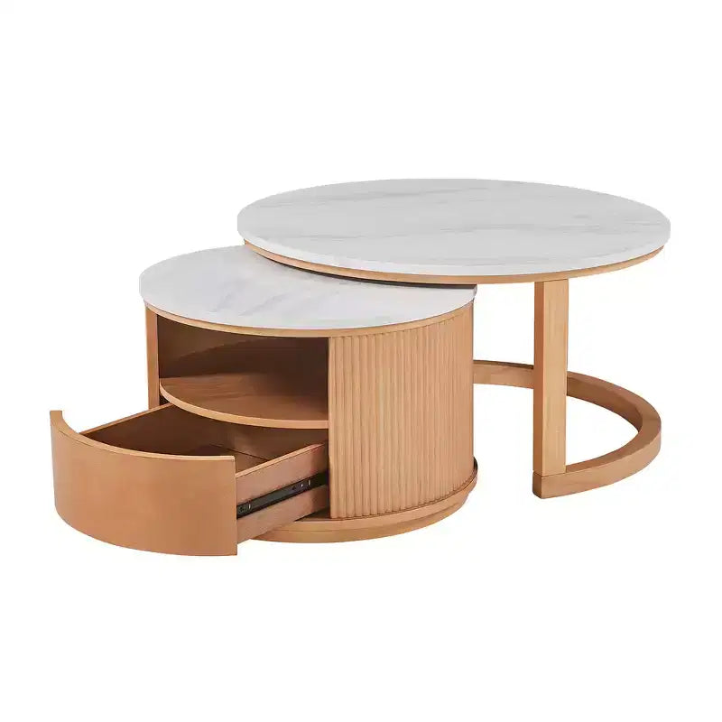 Whisen 2-Piece Nesting Coffee Table Set with Drawer, Fluted Design, Two-Tone Finish, Space-Saving Modern Accent Tables