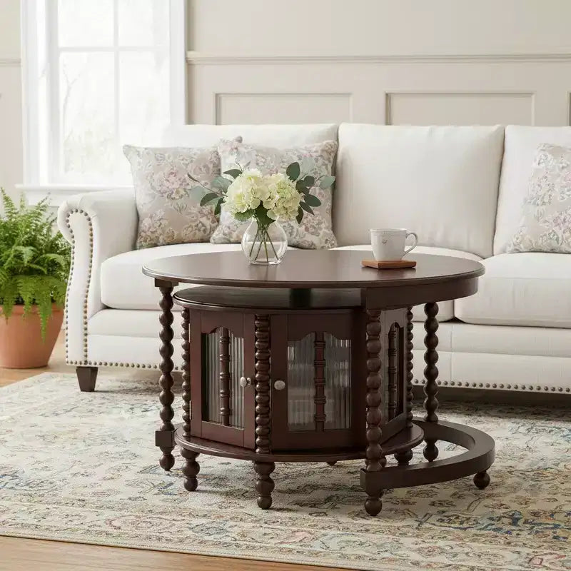 Whisen 2-Piece Nesting Coffee Table Set with Drawer, Fluted Design, Two-Tone Finish, Space-Saving Modern Accent Tables