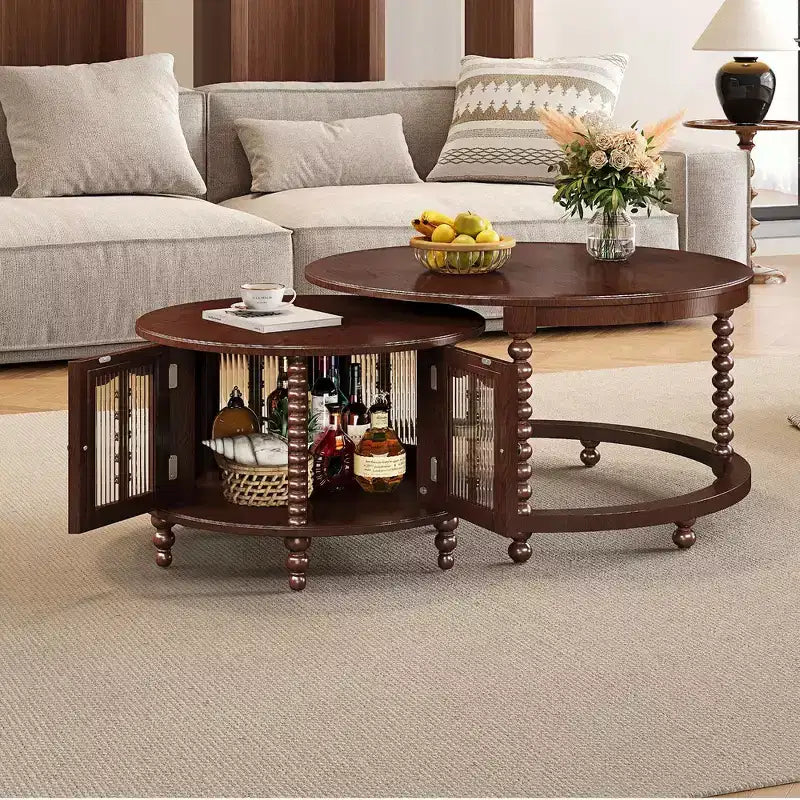 Whisen 2-Piece Nesting Coffee Table Set with Drawer, Fluted Design, Two-Tone Finish, Space-Saving Modern Accent Tables