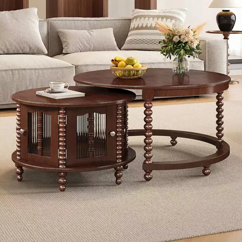 Whisen 2-Piece Nesting Coffee Table Set with Drawer, Fluted Design, Two-Tone Finish, Space-Saving Modern Accent Tables