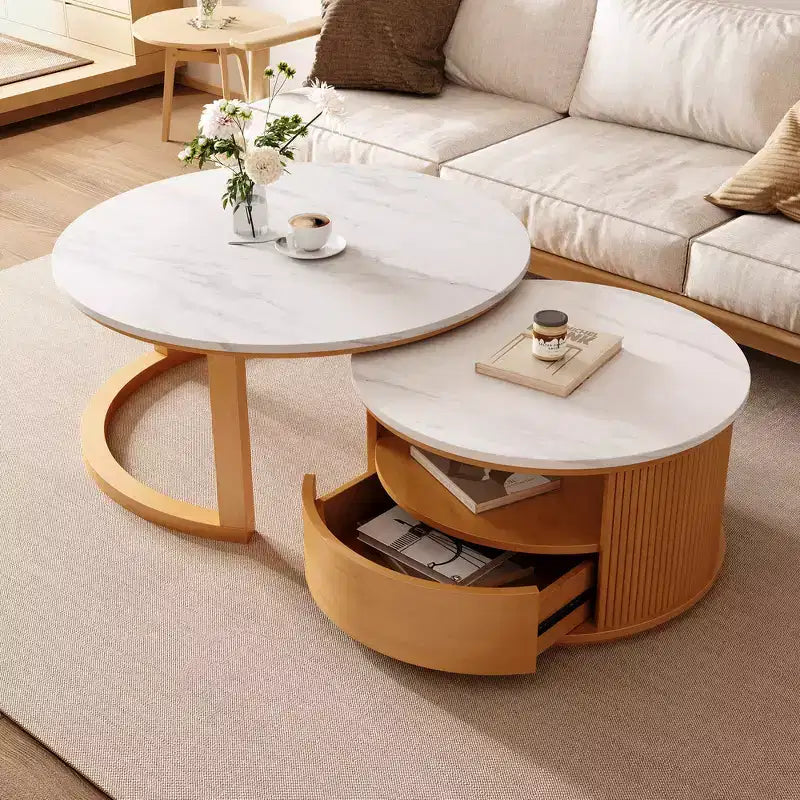 Whisen 2-Piece Nesting Coffee Table Set with Drawer, Fluted Design, Two-Tone Finish, Space-Saving Modern Accent Tables
