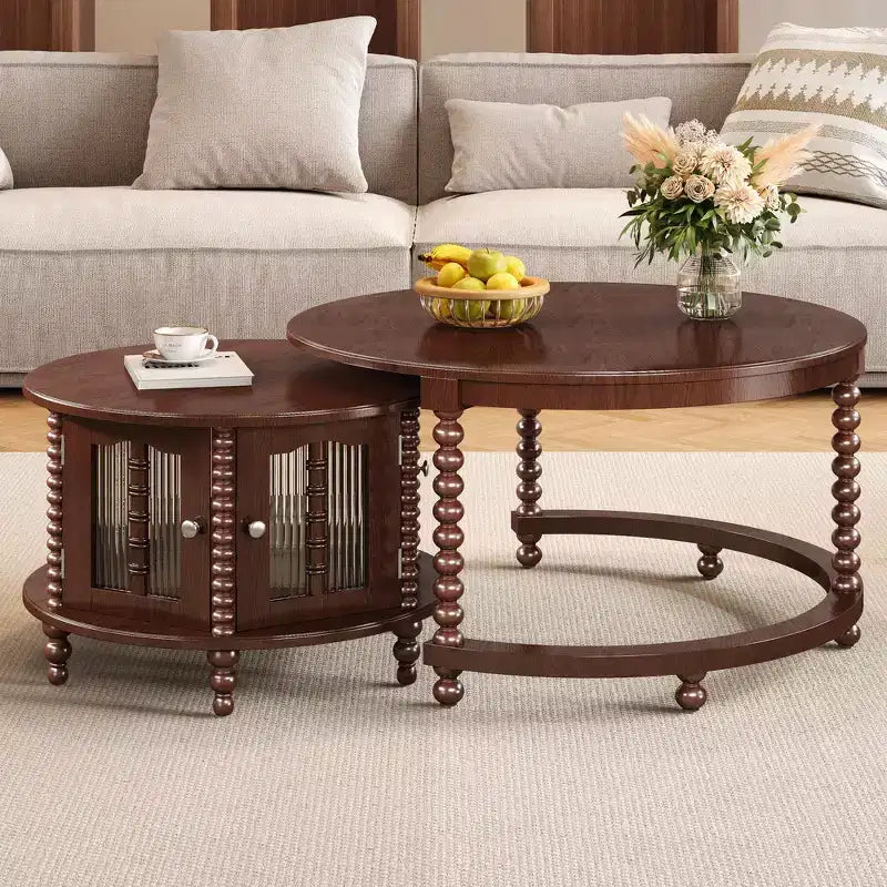 Whisen 2-Piece Nesting Coffee Table Set with Drawer, Fluted Design, Two-Tone Finish, Space-Saving Modern Accent Tables