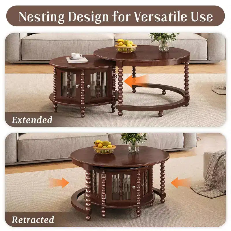 Whisen 2-Piece Nesting Coffee Table Set with Drawer, Fluted Design, Two-Tone Finish, Space-Saving Modern Accent Tables