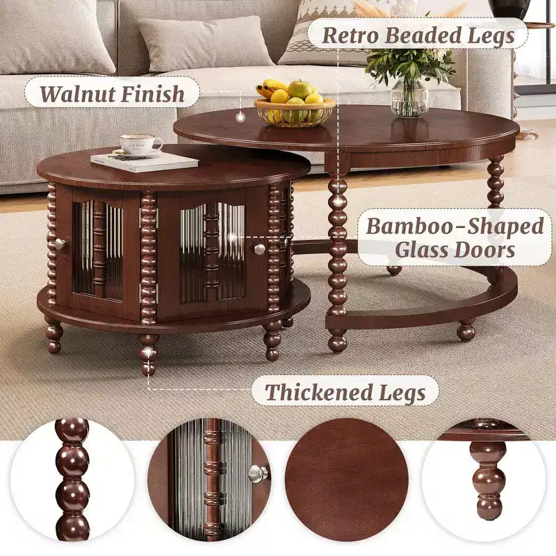 Whisen 2-Piece Nesting Coffee Table Set with Drawer, Fluted Design, Two-Tone Finish, Space-Saving Modern Accent Tables