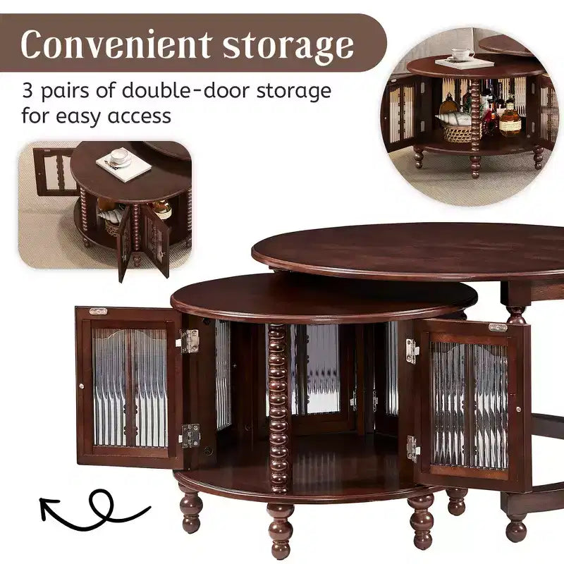 Whisen 2-Piece Nesting Coffee Table Set with Drawer, Fluted Design, Two-Tone Finish, Space-Saving Modern Accent Tables