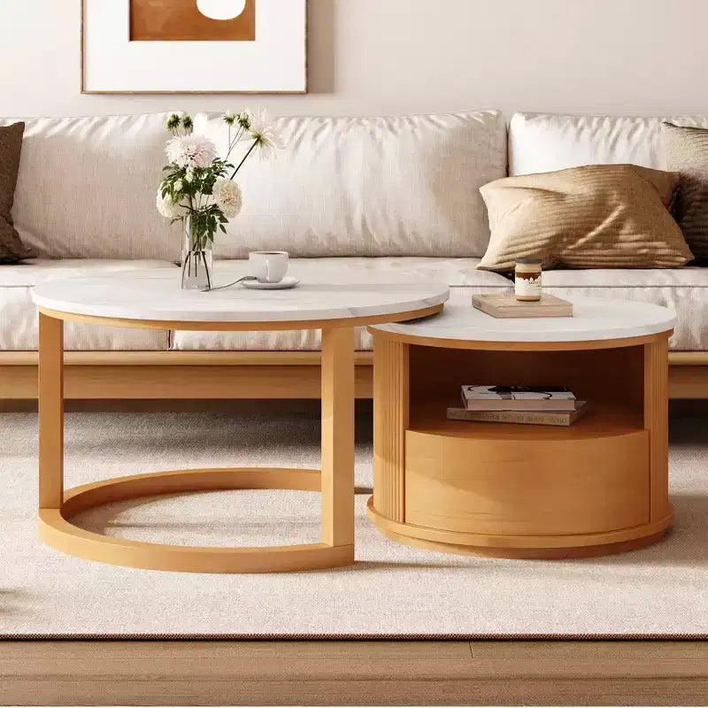 Whisen 2-Piece Nesting Coffee Table Set with Drawer, Fluted Design, Two-Tone Finish, Space-Saving Modern Accent Tables