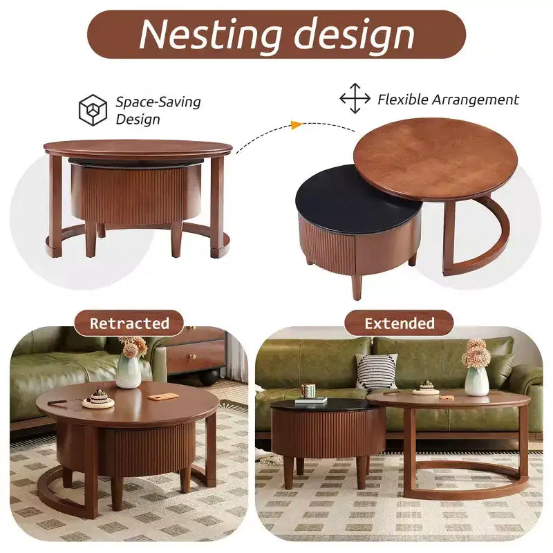 Whisen 2-Piece Nesting Coffee Table Set with Drawer, Fluted Design, Two-Tone Finish, Space-Saving Modern Accent Tables