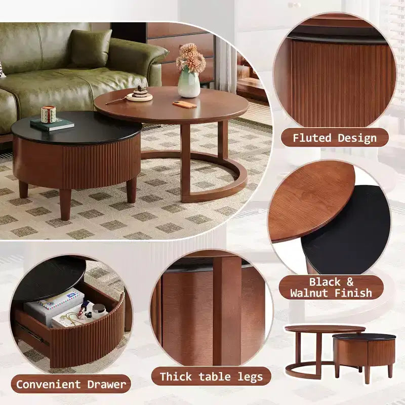 Whisen 2-Piece Nesting Coffee Table Set with Drawer, Fluted Design, Two-Tone Finish, Space-Saving Modern Accent Tables