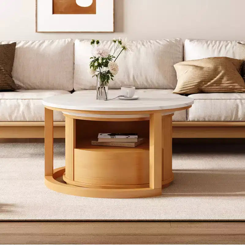 Whisen 2-Piece Nesting Coffee Table Set with Drawer, Fluted Design, Two-Tone Finish, Space-Saving Modern Accent Tables