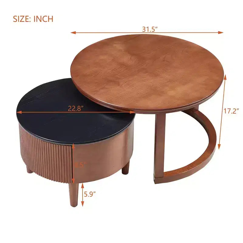 Whisen 2-Piece Nesting Coffee Table Set with Drawer, Fluted Design, Two-Tone Finish, Space-Saving Modern Accent Tables