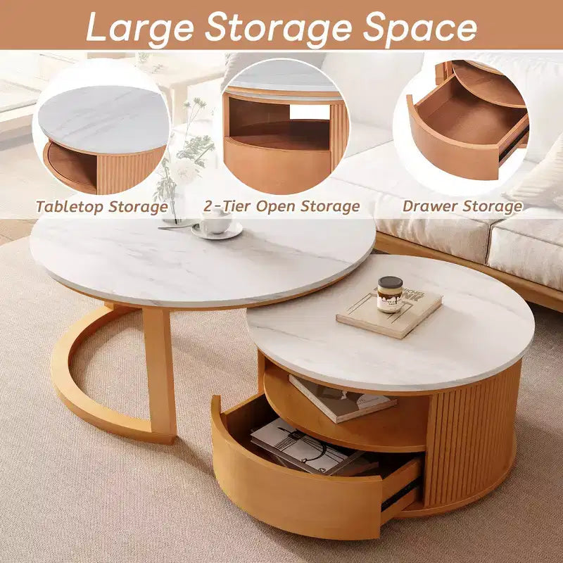 Whisen 2-Piece Nesting Coffee Table Set with Drawer, Fluted Design, Two-Tone Finish, Space-Saving Modern Accent Tables