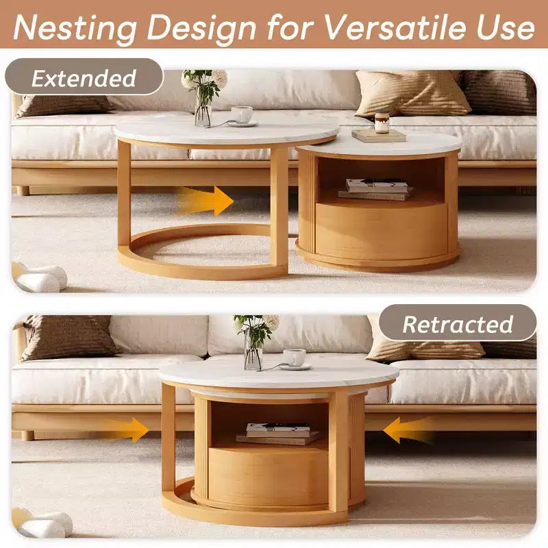 Whisen 2-Piece Nesting Coffee Table Set with Drawer, Fluted Design, Two-Tone Finish, Space-Saving Modern Accent Tables