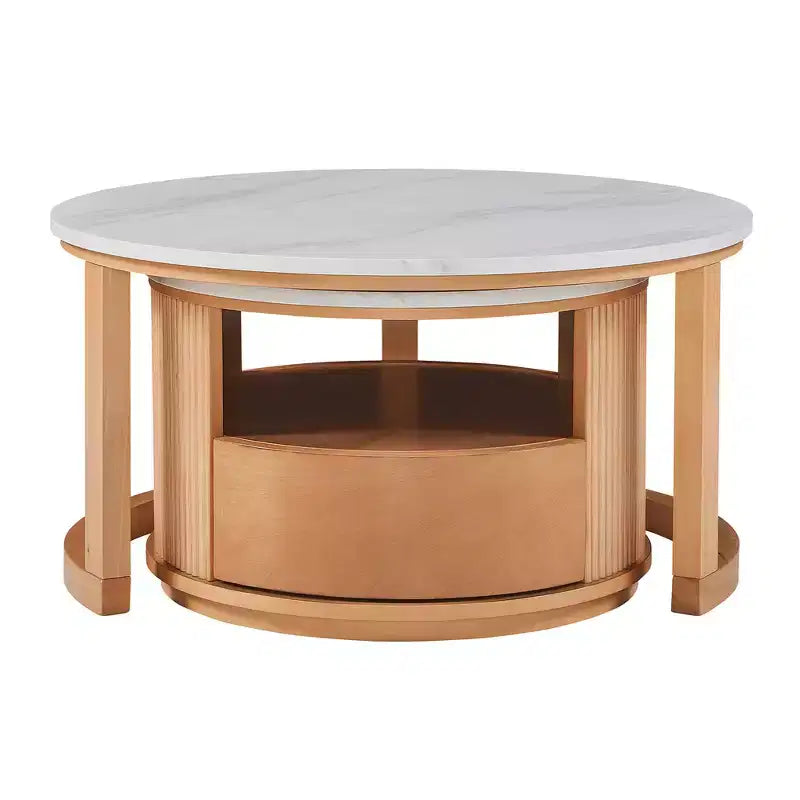 Whisen 2-Piece Nesting Coffee Table Set with Drawer, Fluted Design, Two-Tone Finish, Space-Saving Modern Accent Tables