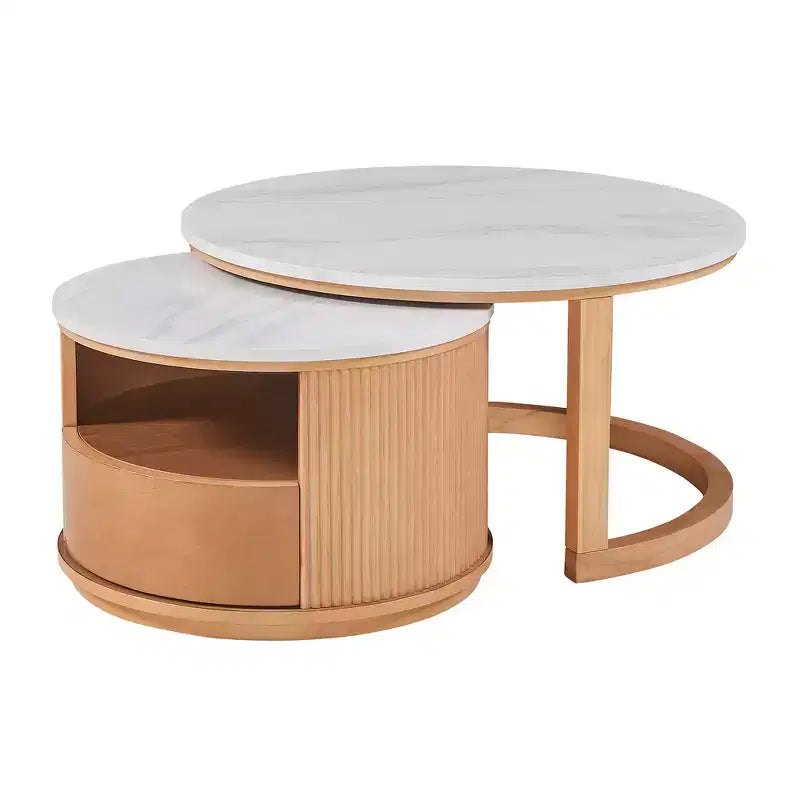 Whisen 2-Piece Nesting Coffee Table Set with Drawer, Fluted Design, Two-Tone Finish, Space-Saving Modern Accent Tables