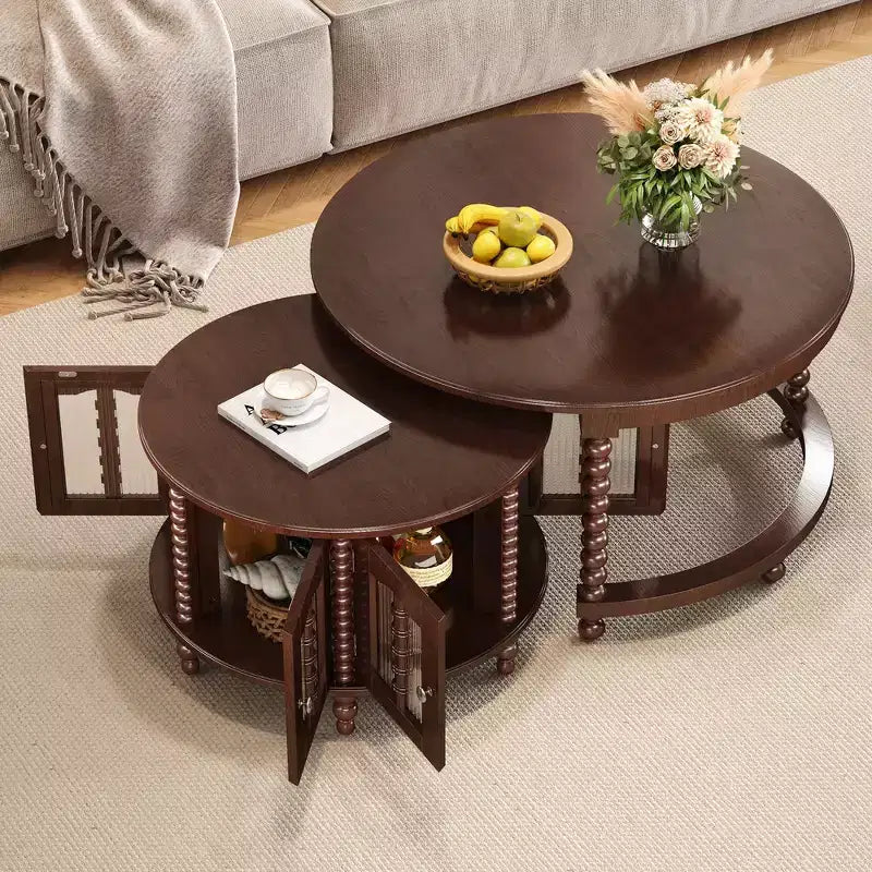 Whisen 2-Piece Nesting Coffee Table Set with Drawer, Fluted Design, Two-Tone Finish, Space-Saving Modern Accent Tables
