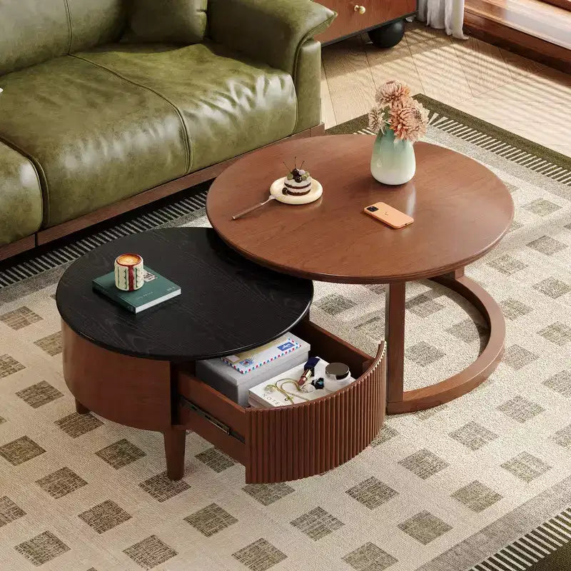 Whisen 2-Piece Nesting Coffee Table Set with Drawer, Fluted Design, Two-Tone Finish, Space-Saving Modern Accent Tables