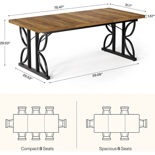 Table de salle à manger 71 po pour 6, Table de cuisine de ferme avec cadre en métal