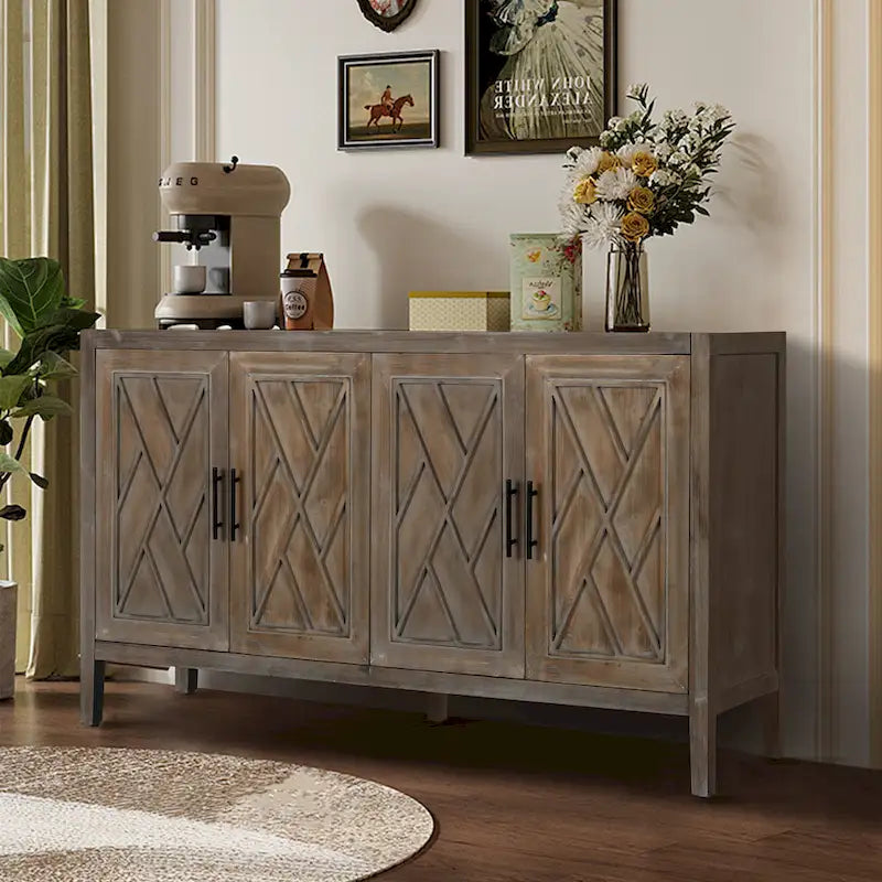 Buffet en bois avec portes à motifs, buffet de rangement avec étagères réglables, console avec pieds en bois massif