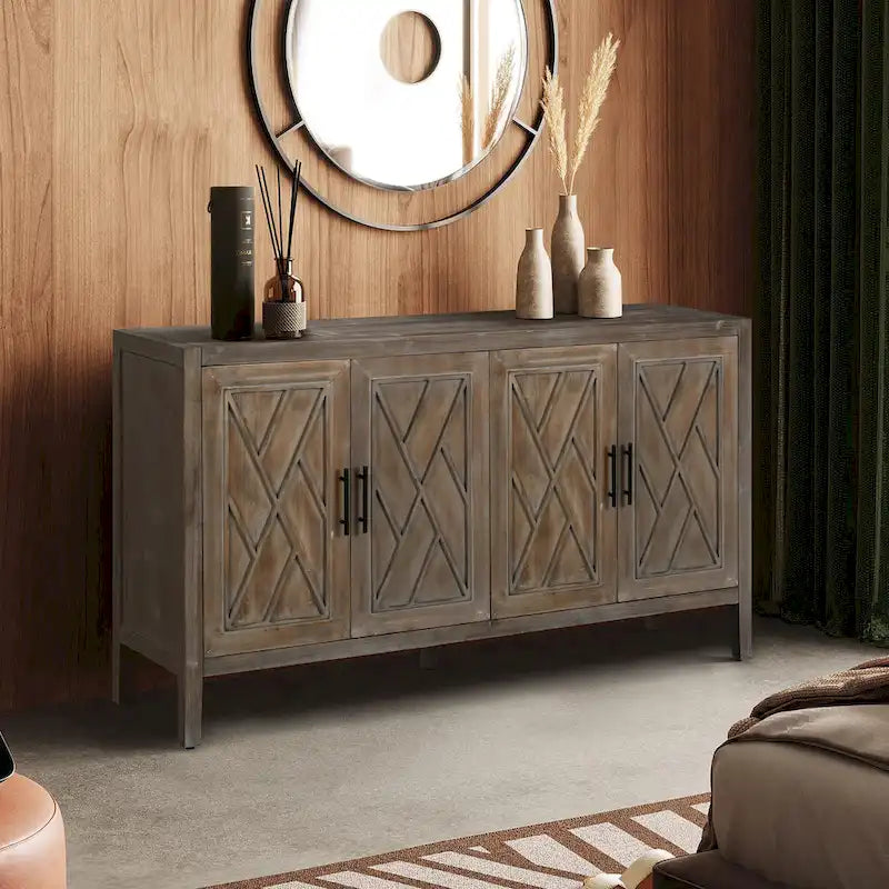 Buffet en bois avec portes à motifs, buffet de rangement avec étagères réglables, console avec pieds en bois massif