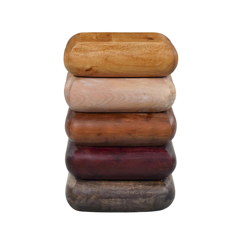 Table d'appoint de 12 pouces, design sculptural empilé, artisanat en bois de manguier et d'acacia, marron