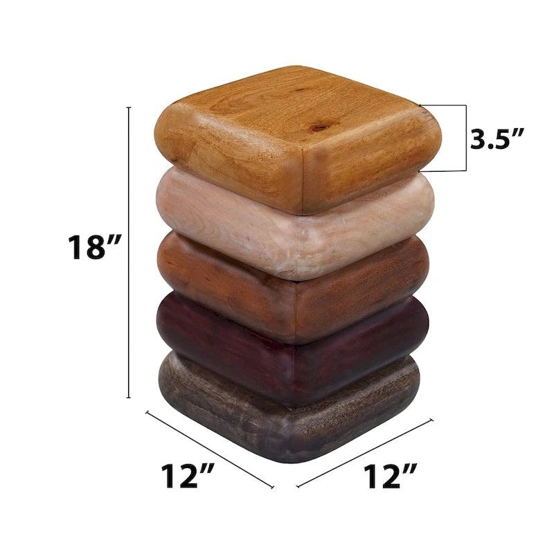 Table d'appoint de 12 pouces, design sculptural empilé, artisanat en bois de manguier et d'acacia, marron
