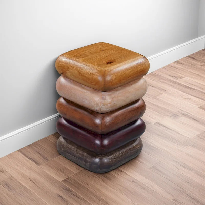 Table d'appoint de 12 pouces, design sculptural empilé, artisanat en bois de manguier et d'acacia, marron