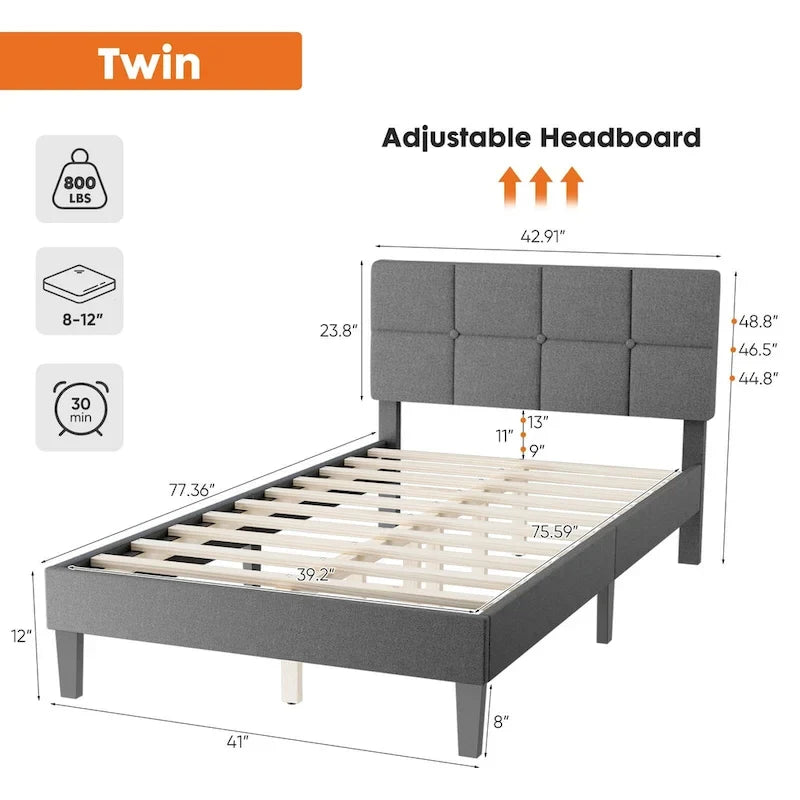 Lit plateforme tapissé de lin avec tête de lit réglable