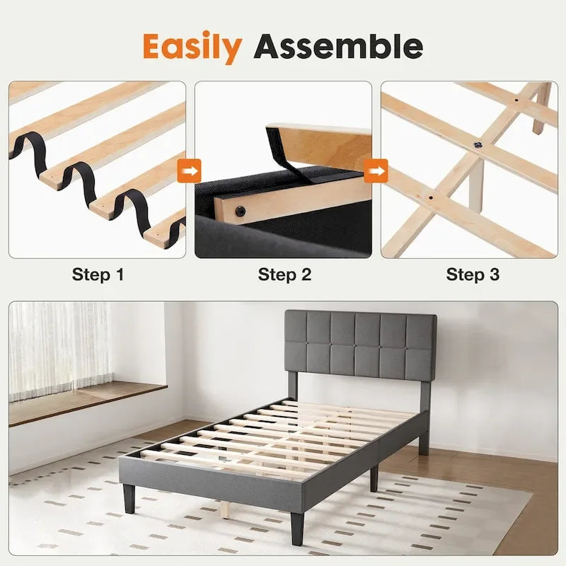 Lit plateforme tapissé de lin avec tête de lit réglable