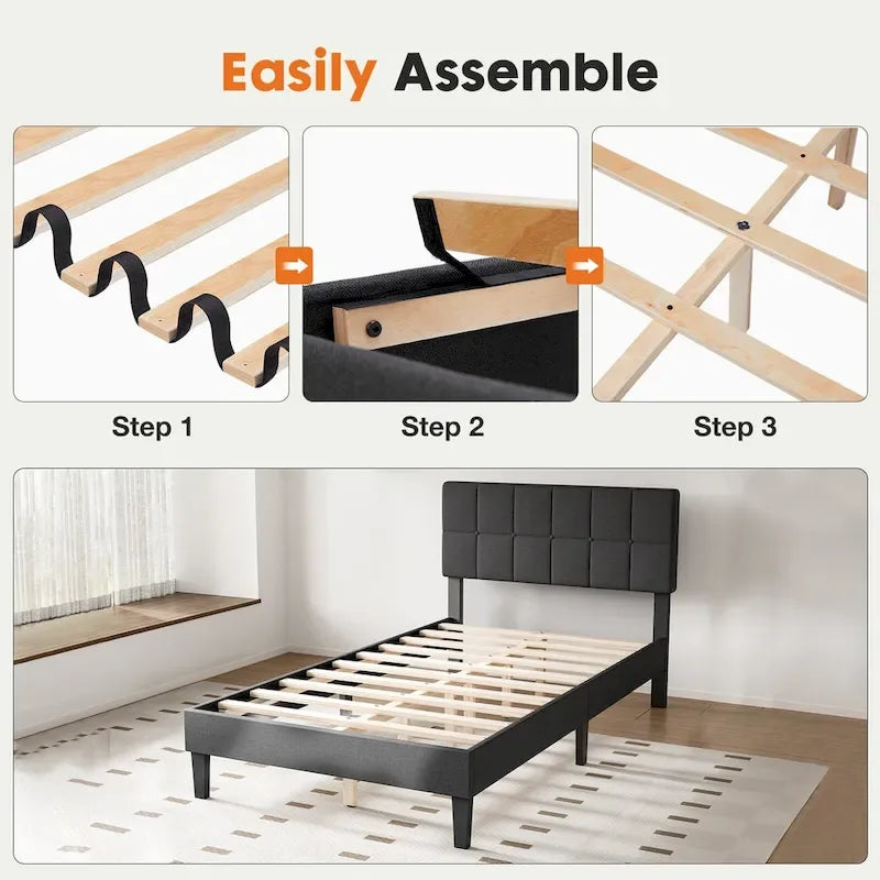 Lit plateforme tapissé de lin avec tête de lit réglable