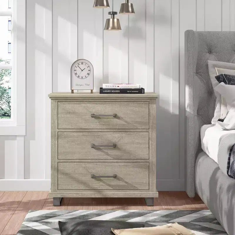32'' Nightstand Beige - Accent Furniture: Modern Bedside Table with 3 Drawers & Metal Legs